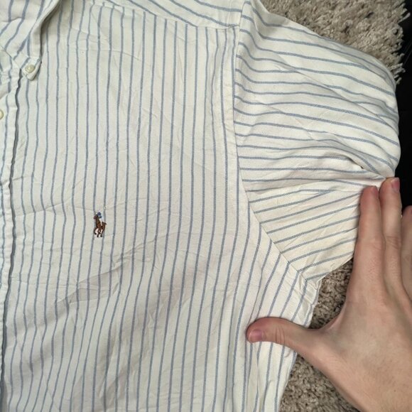 Ralph Lauren Yarmouth Button Up Shirt Long Sleeve Size 16 33 Blue Ivory Striped - Picture 11 of 12